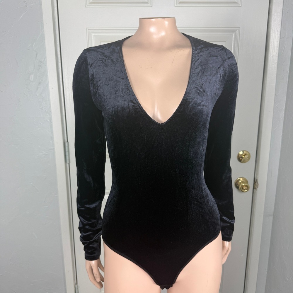 Vintage y2K bebe Women's Top Small Bodysuit Shirt Long Sleeve V-neck Velour LL25